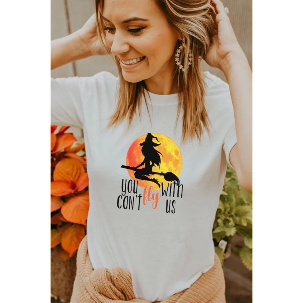 Halloween Flying Witch Premium Graphic Tee You Can’t Fly With Us Sublimation Ink - Picture 4 of 7